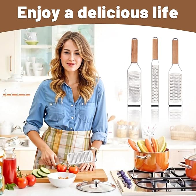 SHIKORI Professional Cheese Graters for Kitchen Stainless Steel Handheld, Metal Lemon Zester Grater With Wood Handle For Cheese, Chocolate, Spices, Kitchen Gadgets And Tools-Longboard