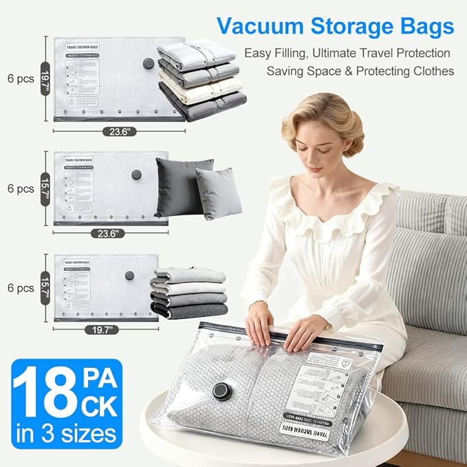 18 Pack Vacuum Seal Bags for Clothing Travel with Wireless Electric Air Pump, 6 Large +6 Medium +6 Small, Reusable Space Saver Bags for Luggage and Suitcase, Cruise & Travel Essentials