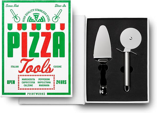 Printworks The Essentials, Pizza Tools – Pizza Cutter & Server Spatula Set with All the Accessories You Need in an Elegant Book-Style Case