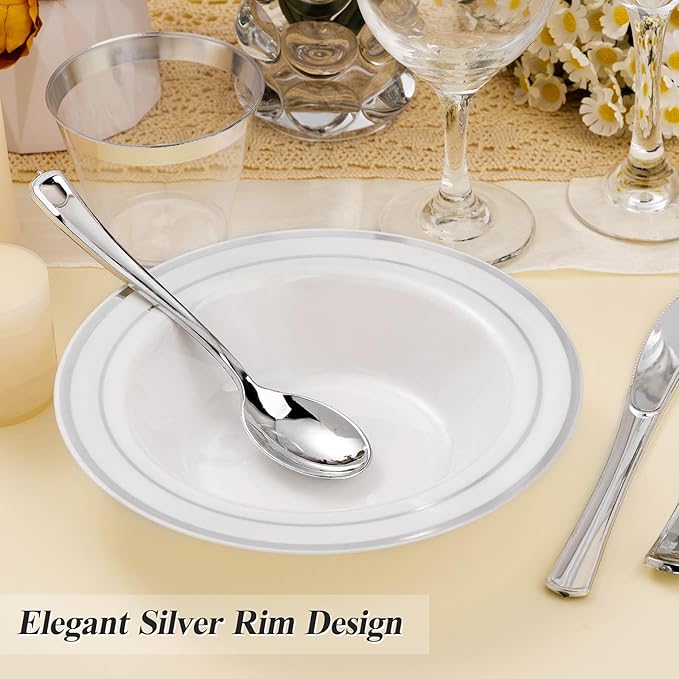 200 Pack Disposable Soup Bowls with Silver Rim, 12oz Premium Heavy Duty Plastic Dinner Bowls for Party, Wedding and Holiday