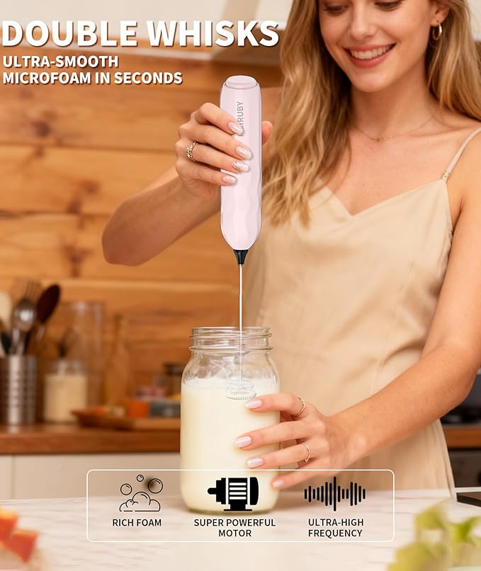 MEIRUBY 2-Pack Milk Frother Handheld with Stand, Valentines Day Gifts for Him and Her, Powerful Electric Coffee Frother, Coffee Lover Gift for Lattes, Cappuccino, Matcha & Hot Chocolate, White/Pink