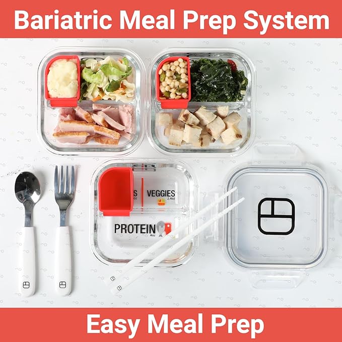 Portion Control Containers for Bariatric Meals – 8 oz Glass Meal Prep Containers with Two 4 oz Compartments and Lids (3 Pack), Reusable Bento Lunch Boxes