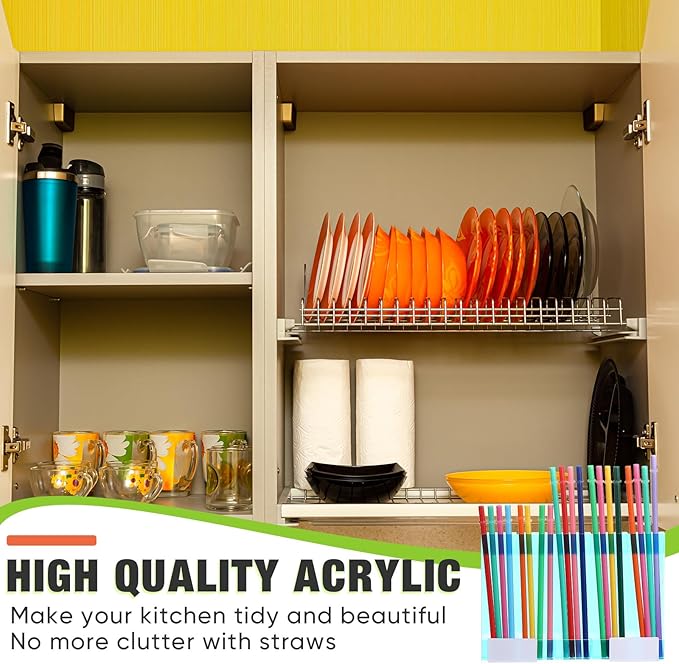 Qinyoung Acrylic Straw Holder for Cabinet Door with Double Sided Adhesive Tape Reusable Straw Organizer Tumbler Storage Kitchen Accessories Container for Counter Cupboard(Classic,Large,Iridescent)