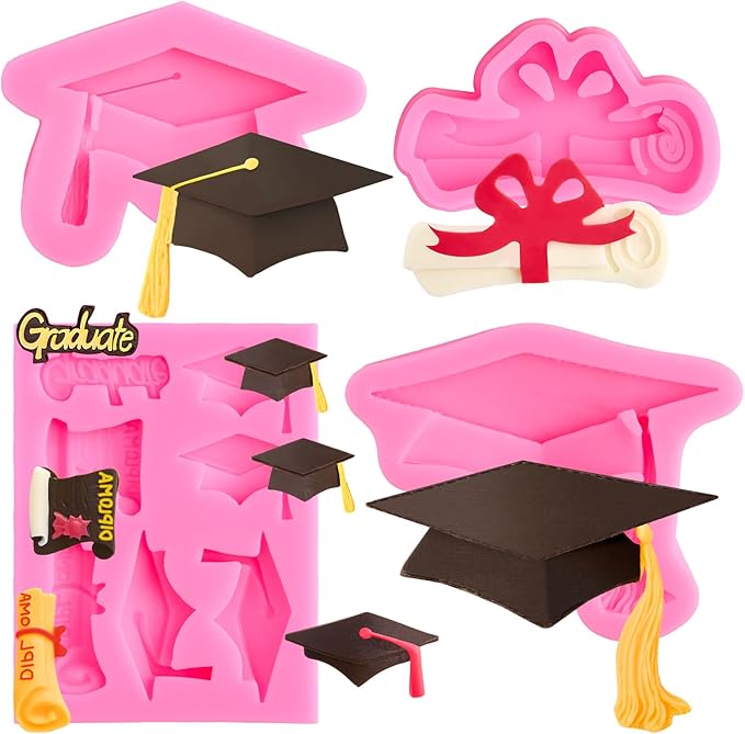 4 PCS Graduation Chocolate Fondant Molds, Silicone Graduation Cap Diploma Candy Molds for Cake, Cupcake Decorations, Graduation Party Supplies