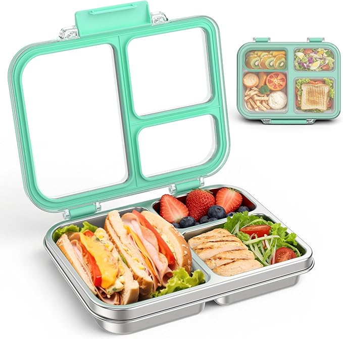 BABHAMNESS Stainless Steel Bento Lunch Box for Kids Adults, 3 Compartments Metal Bento Box with Transparent Lid & Silicone Container for Kids,Dishwasher-Safe,School & Travel,BPA-Free(Blue)