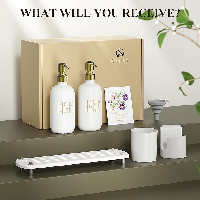 Cisily Kitchen Soap Dispenser Set Comes with Ceramics Sponge Holder, Gold Pumps, and Instant Dry Tray, Hand and Dish Soap Dispenser Set (5, Gold + White + Brush Holder + Sponge Holder)