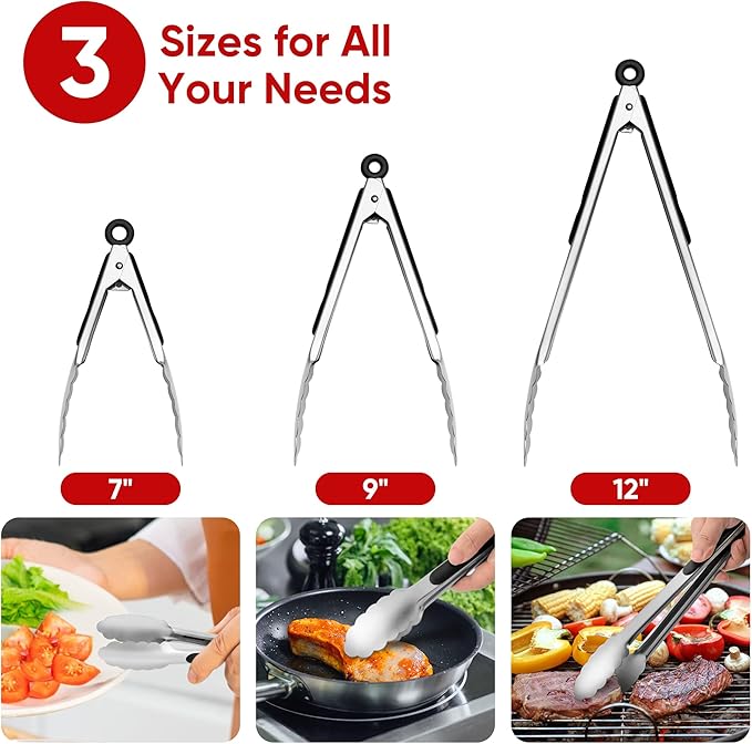 Stainless Steel Tongs Set, Food Grade Stainless Steel Kitchen Tongs, Heat Resistant 600 Degrees, for Cooking, BBQ Barbecue, Grilling, Buffet, Serving (7"+9"+12")