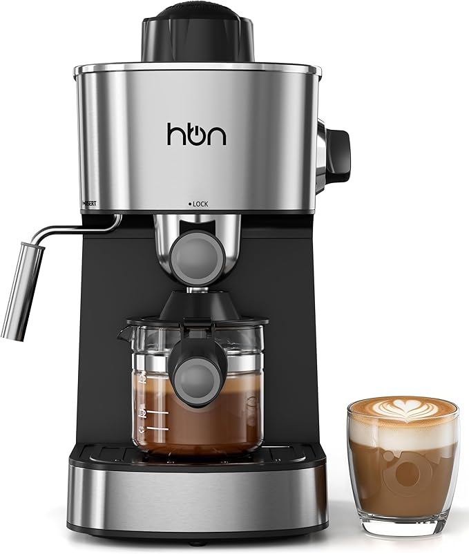HBN Espresso Machine, 3.5Bar Cappuccino & Latte Maker, 2-4 Cup Stainless Steel Coffee Machine with Milk Frother, 800W Espresso Machine Maker with Steamer, Compact Coffee Maker for Home and Office