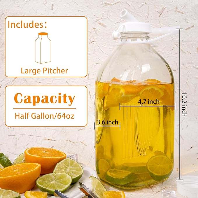 64 Oz Glass Milk Bottles with Nut Milk Bag & Pour Spout & Airtight Lids & Brush- 1/2 Gallon Heavy Duty Jug Pitcher Large Reusable Container for Milk, Juice, Water, Coffee for Refrigerator 1 Pack