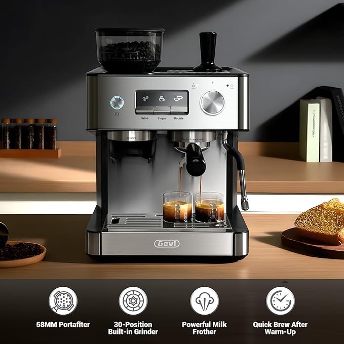 Gevi 20 Bar Espresso Machine with Built-in Grinder & Milk Frother | Professional Coffee Maker for Home | Cappuccino, Latte, 2.3L Removable Water Tank, Stainless Steel Steam Wand