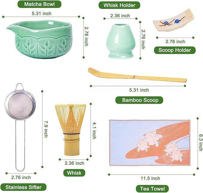 Matcha Whisk Bowl Set, 7PCS All-in-One Japanese Tea Set Includes Matcha Bowl with Spout, Bamboo Whisk (Chasen) with Stand, Scoop, Sifter, Complete Kit for Ceremony, Gift for Matcha Tea Lovers（Green)