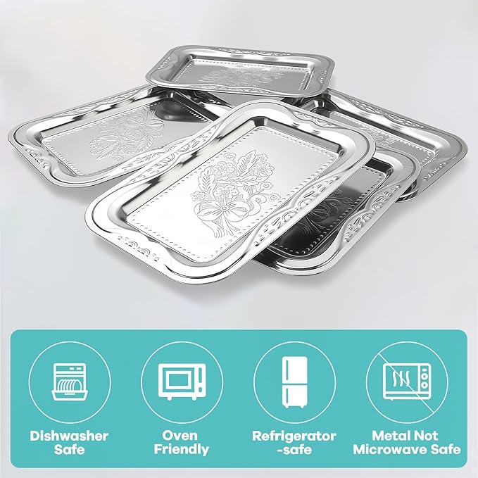 6-Pack Silver Serving Trays Set (14" x 9") – Bow Floral Engraved Serving Platters for Parties, Weddings, Birthdays, Festive Occasions – Mirror Trays for Charcuterie, Cookies, Desserts, Snacks, Fruit