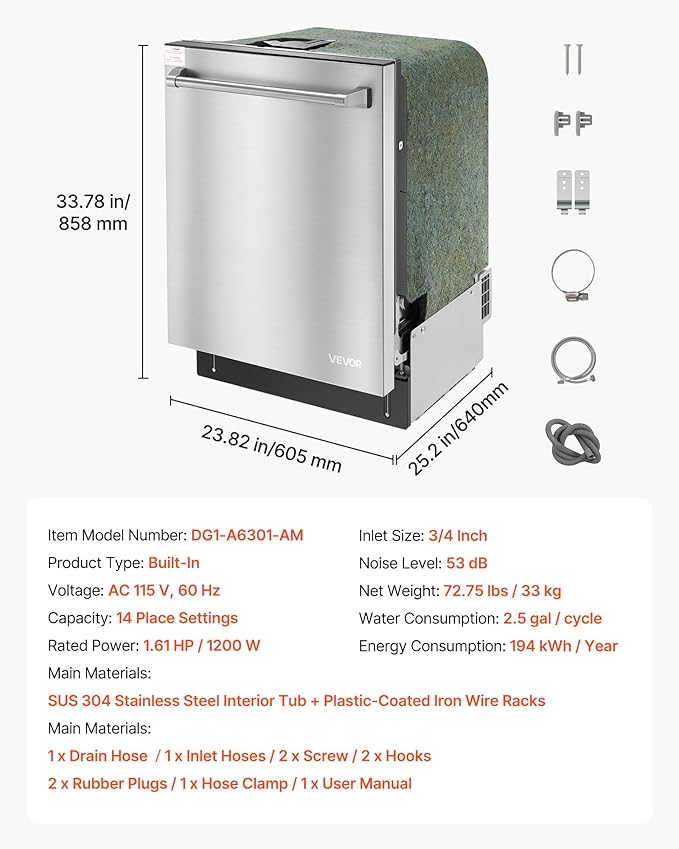 VEVOR 24 Inch Built-In Dishwasher, Stainless Steel Tub, 14 Place Settings and 8 Washing Programs, 23.82 x 25.2 x 33.78 Inch Low-Noise Dishwashing Machine with Upper/Lower Racks and Zoned Storage