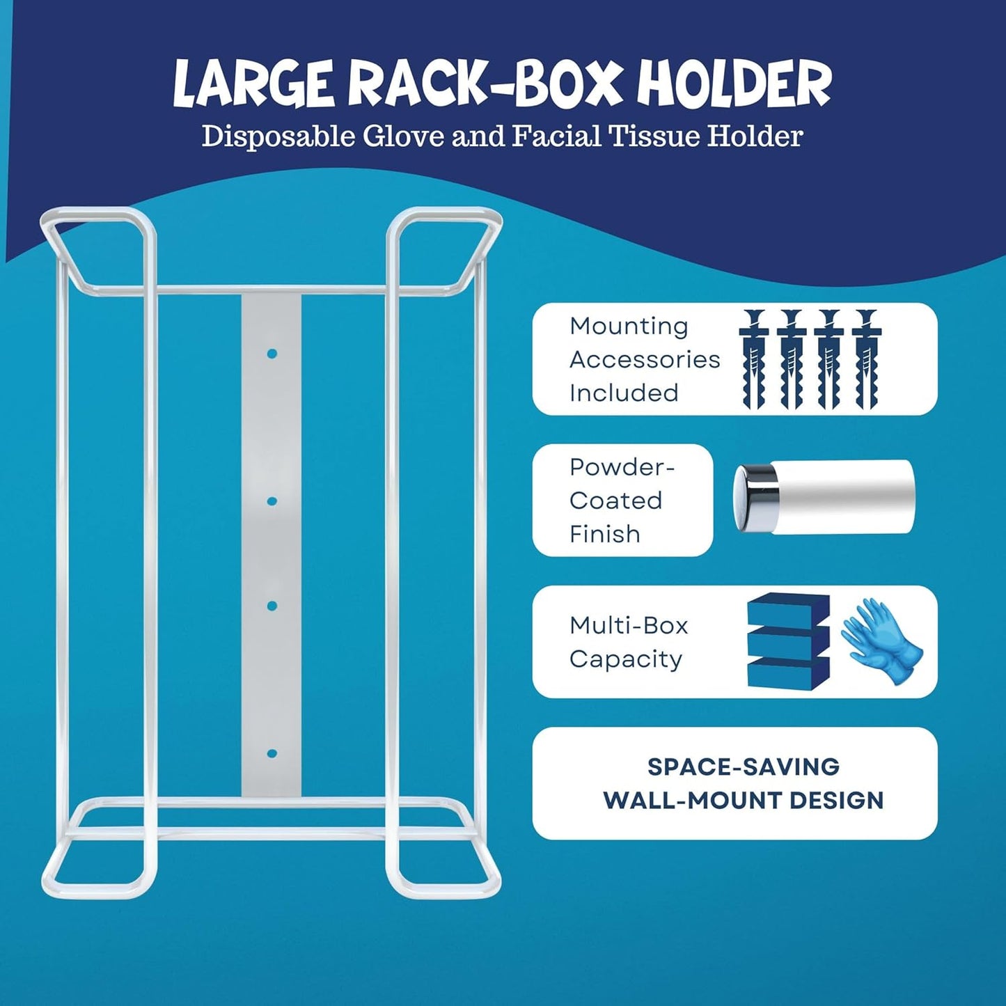 PERFORMORE Large Disposable Glove and Facial Tissue Wire Rack - Glove Box Holder, Medical Glove Holder, Holds Up To 3 Boxes, Hygiene Dispenser, Wall Mount Design With Mounting Accessories Included