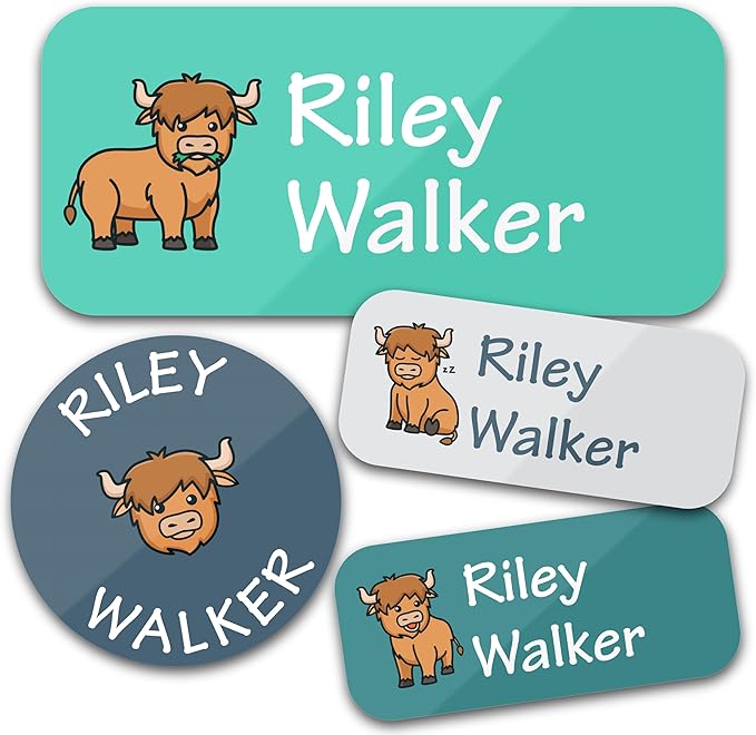 Personalized Daycare Name Labels for Kids (130 Labels) - Custom Waterproof Name Stickers for Clothing Tags, Water Bottles, Lunch Boxes and School Supplies (Highland Cows)