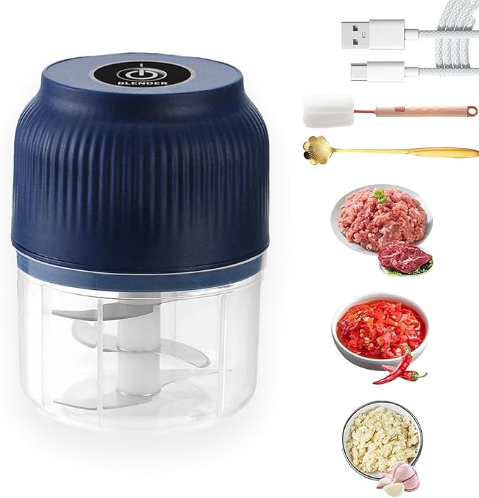 Electric Garlic Chopper, Mini Portable Veggie Chopper, Electric Onion Grinder with 6 Sharp Blade, Mini Food Processor with Container for Mashing Onion, Garlic, Chili, Ginger (1PC*Blue)