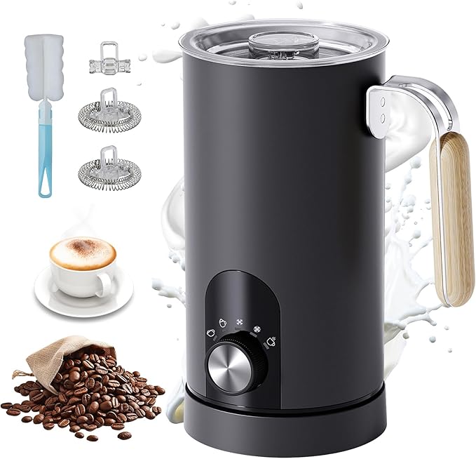 5 in 1 Electric Milk Frother Automatic Hot & Cold Foam Maker Auto Shut-Off Milk Warmer Silent Operation Fast Frothers with Comfortable Handle for Cappuccino, Hot Chocolate (Black)