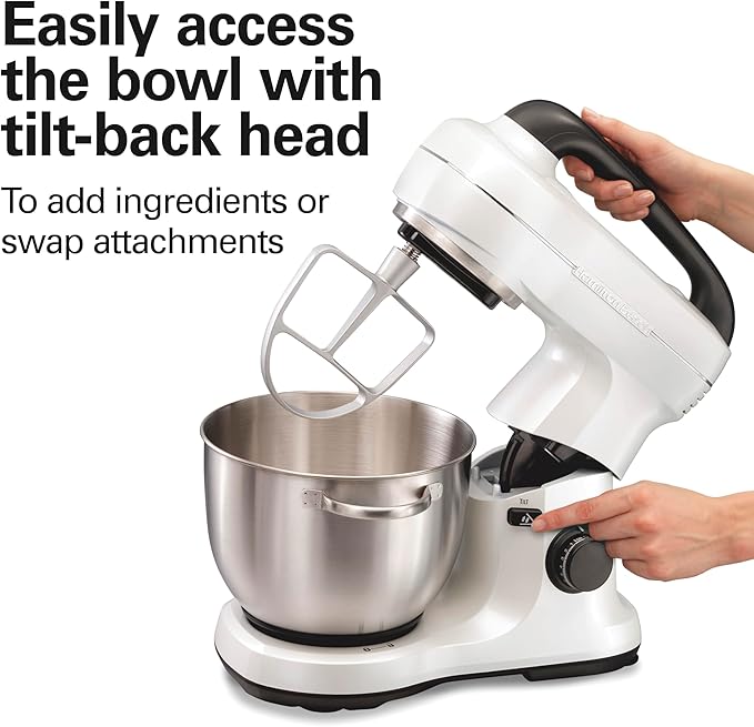 Hamilton Beach Electric Stand Mixer, 4 Quarts, Dough Hook, Flat Beater Attachments, Splash Guard, 7 Speeds with Whisk, Easy-Carry Top Handle, White