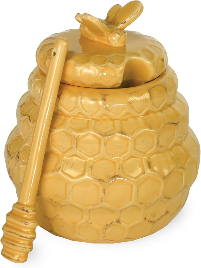 Boston International Embossed Stoneware Honey Pot Jar and Dipper, 2-Piece Set, Honeycomb
