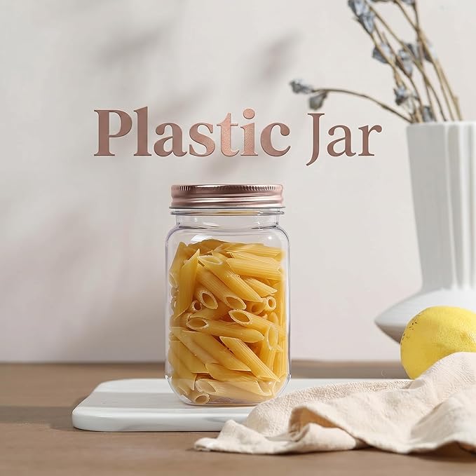 novelinks 16 oz Clear Plastic Jars with Lids, Refillable 16oz Mason Jars with Lids & Storage Containers for Kitchen & Household Use (15 Pack,Rose Gold)
