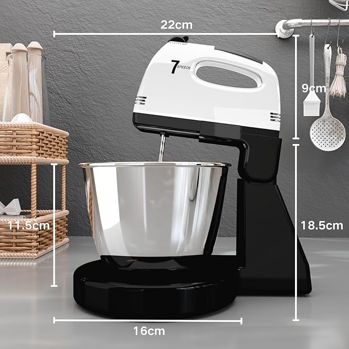 Stand Mixers, 7 Speeds With 3QT Stainless Steel Bowl, Stand and Hand Mixer with Dough Hook, Whisk, Mixing Beater for Baking, Cake, Cookie, Kneading (VL2)
