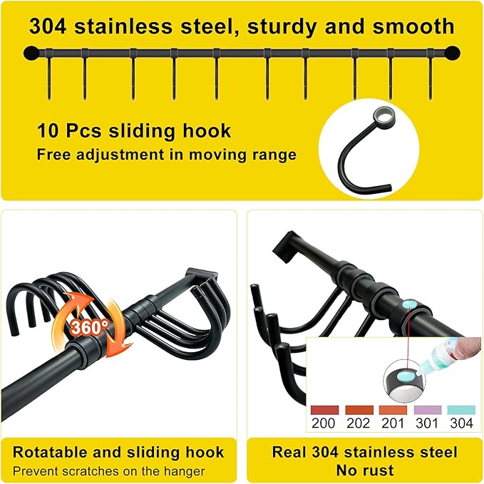 Wall Mounted Utensil Holder, Stainless Steel 20 inch Hook Bar Utensils with 10 Pcs Noiseless Sliding Hooks, Spoon Rack Hanger Bar Tool Organizer for Kitchen. (Black)