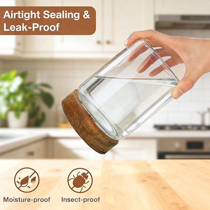 CONNOO 28oz Glass Storage Jars with Wood Lids (6-Pack) – Includes 120 Pre-Printed Waterproof White Kitchen Labels – Airtight Pantry Containers for Rolled Oats, Pasta & Cereals