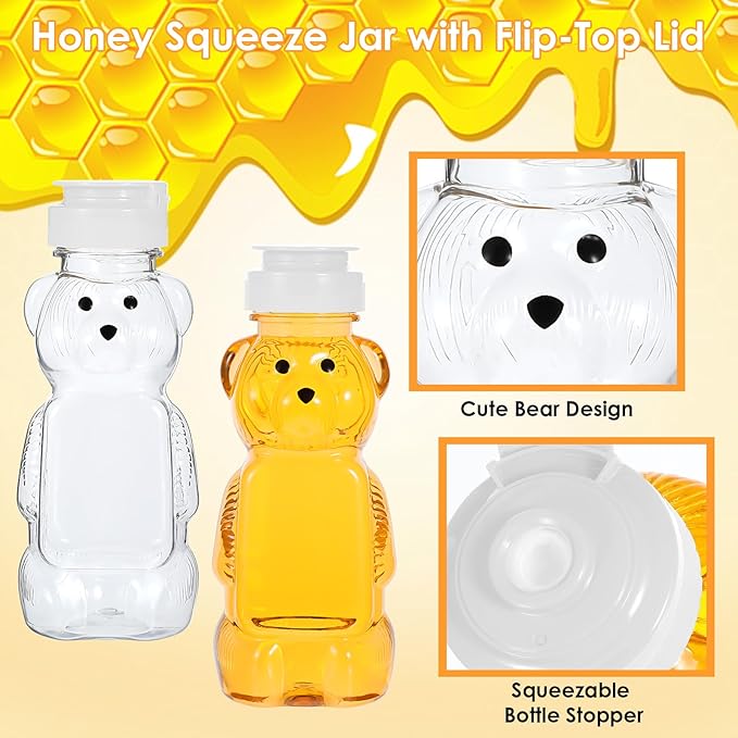 24 Pcs 8 oz Plastic Honey Bottles, Bear Bottle Clear Empty Containers Bulk 240 ML Bulk Honey Jars with White Flip Top Lid, Juice Bottle Squeeze Bottles for Condiment Storing and Dispensing