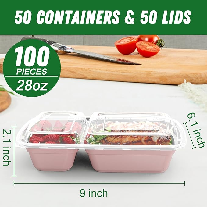 Dealusy 50 Pack (100-Piece) 28 oz Meal Prep Containers Reusable with Lids 2-Compartment, Sturdy Leakproof Food Safe, Microwave Freezer Dishwasher Safe, To Go Take Out Plastic Food Storage, Pink