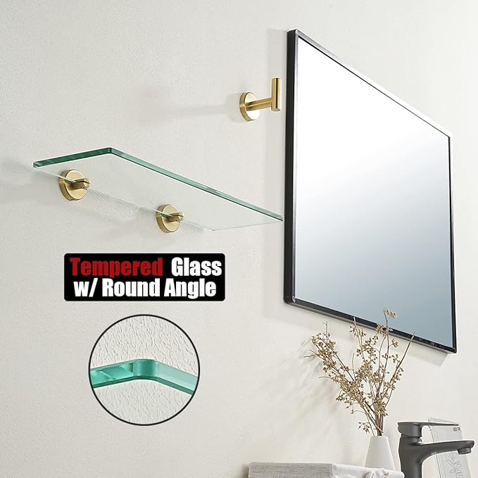 JQK Bathroom Glass Shelf Gold, Tempered Glass Shower Storage 16 by 5 inches, 304 Stainless Steel Brushed Gold Wall Mount, TGS101-BG