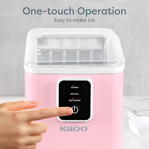 Igloo Portable Ice Maker with Scoop & Basket - Ice Maker with LED Control Panel & 1 Quart Water Tank- Ice Cube Maker Produces 26 Lbs Of Ice In 24 Hours with 8 Large or Small Cubes In 7-8 Minutes- Pink