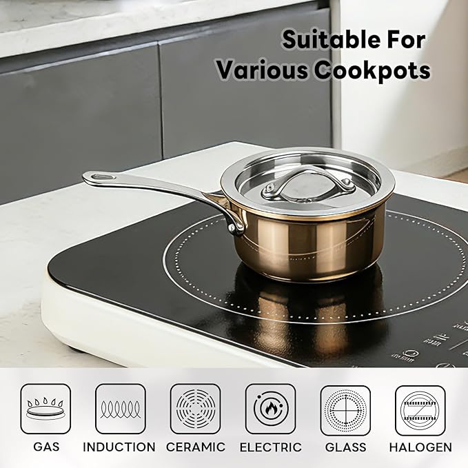 Macevia Mini Sauce Pan with Lid, Stainless Steel Butter Warmer Small Pot, For All Stoves Multipurpose Use for Home Kitchen or Restaurant (10.8oz/320ml) - Rose Gold