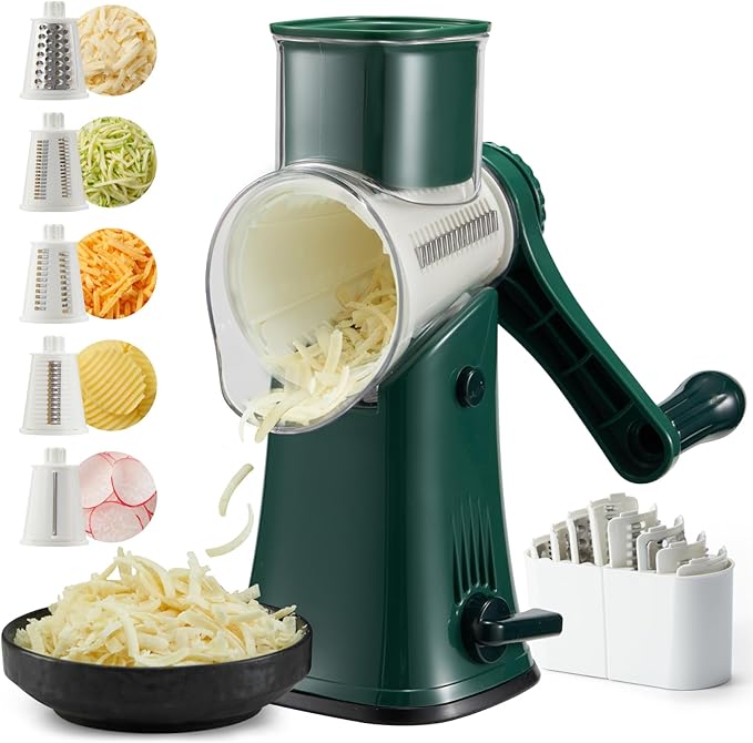 Rotary Cheese Grater Hand Crank, 5 Blades Cheese shredder, Stronger Suction, Easy to Clean for Fruit, Vegetables, Nuts, Green