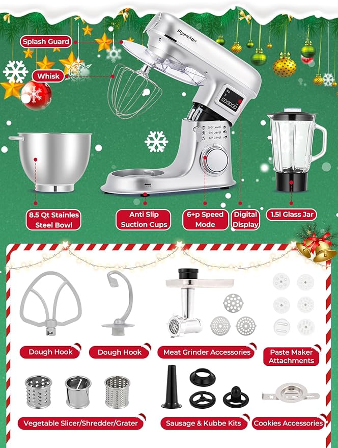 Stand Mixer 8-IN-1 8.5 Qt 2000W Multifunctional Fermentation Electric Kitchen Mixer 6 Speed Tilt-Head with Stainless Steel Bowl, 1.5L Glass Jar Meat Grinder Dough Hook Whisk Pasta Attachment