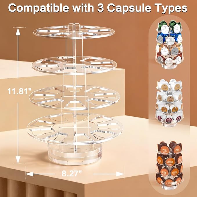 Crystal Clear Acrylic Coffee Pods Holder Carousel Compatible with 30 Keurig K-cup Pod And Nespresso Vertuo Capsuless, Space-Saving Coffee Pod Storage Organizer for Small Countertop
