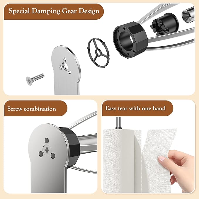 Paper Towel Holder Under Cabinet + Towel Robe Hooks, Single Hand Operable Under Cabinet Paper Towel Holder with Damping Effect Adhesive Wall Mount Paper Towel Rack for Bathroom Kitchen(Silver)