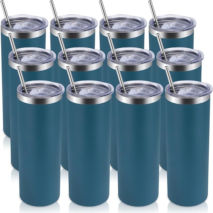 Volhoply 12 Pack Skinny Tumblers with Lid and Straw, 20oz Stainless Steel Straight Tumbler Bulk, Vacuum Insulated Coffee Mug for Home, Office, Travel, DIY (Dark Green,12 Pack)
