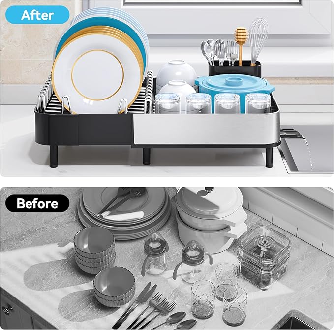 Urackify Dish Drying Rack, 304 Stainless Steel Dish Drainer with Removable Utensil Holder & Drain Board, Rustproof Space-Saving Dish Rack for Kitchen Countertop, Black