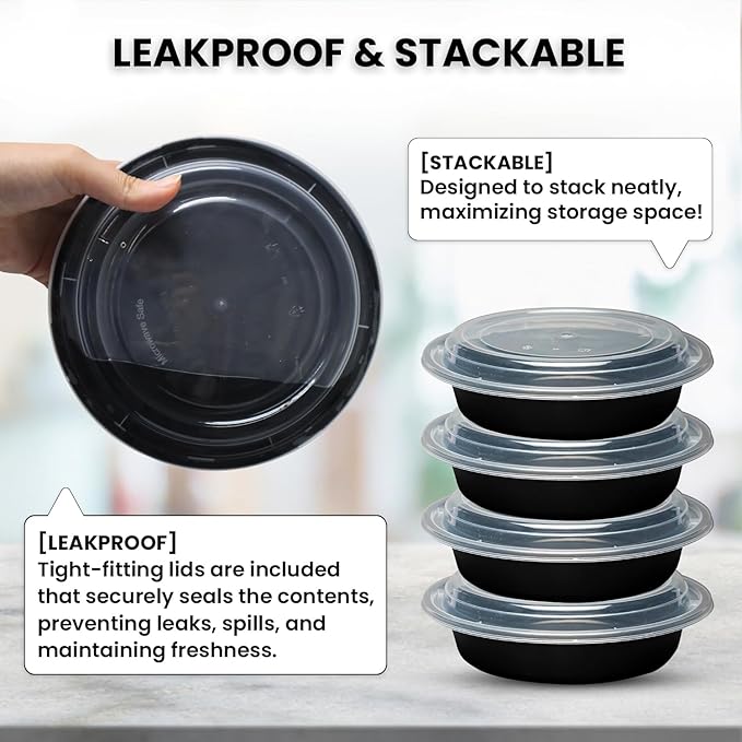 Klex 48 Oz, 50 Sets Meal Prep Containers with Airtight Lids, BPA Free, Reusable Plastic Food Container, 48 oz, Round, Black/Clear, 50 Sets