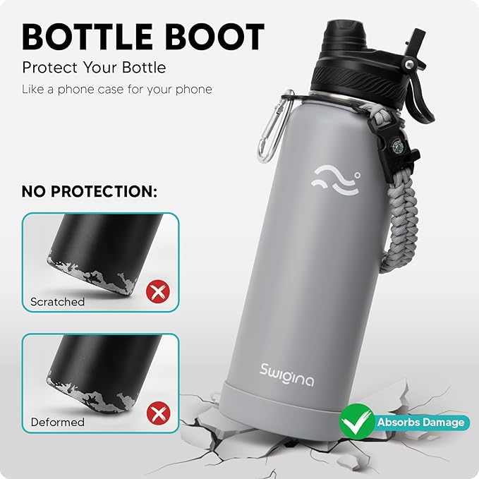 Swigina [2-IN-1 LID] Insulated Water Bottle with Silicone Boot (36hrs Cold/18hrs Hot) - DIY Stickers, Leakproof, BPA Free, 40 oz