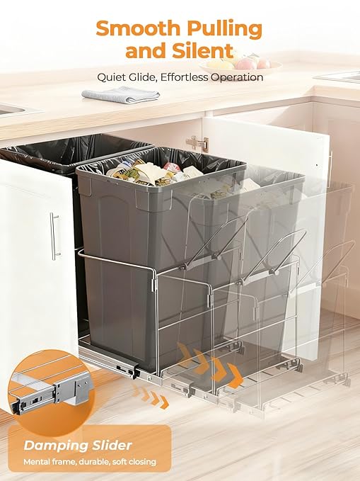 FOHERE Pull Out Trash Can Under Cabinet, 35 QT Double Under Sink Trash Can Waste Container with with Chrome Wire Bottom Mount and Handle, Heavy Duty Garbage Recycling Bin for Kitchen Cabinet, Sink