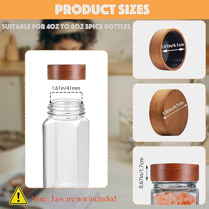 25 Pcs Spice Jar Lids Acacia Wood,Fits 4 Oz and 8 Oz Glass Spice Jars,For Square and Round Plastics Spice Jars,Jar Not Included