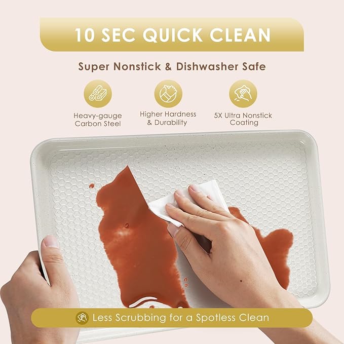 Baking Sheet Pan Set of 3, Nonstick Carbon Steel Cookie Sheets with Texture, Commercial Half/Quarter/Jelly Roll Pans Replacement Toaster Oven Tray, Heavy Duty & Easy Clean, White