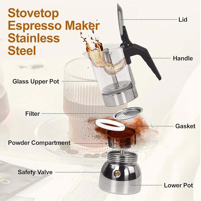 4 Cup Glass Clear Moka Pot Thickened 304 Stainless Steel Stovetop Espresso Maker Italian Coffee Machine 200ml 6.8oz Classic Mocha Cafe Greca Coffee Suitable for Gas Induction