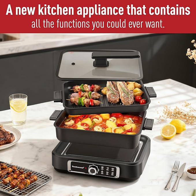 Electric Skillet, Techwood 7.5-Quart 2-in-1 Versatile Multi-Cooker with 5-Level Heat Settings, Come with Removable Non-stick Skillet Pan& Cooking Pot, Dishwasher Safe, 1500W, Black (Black)