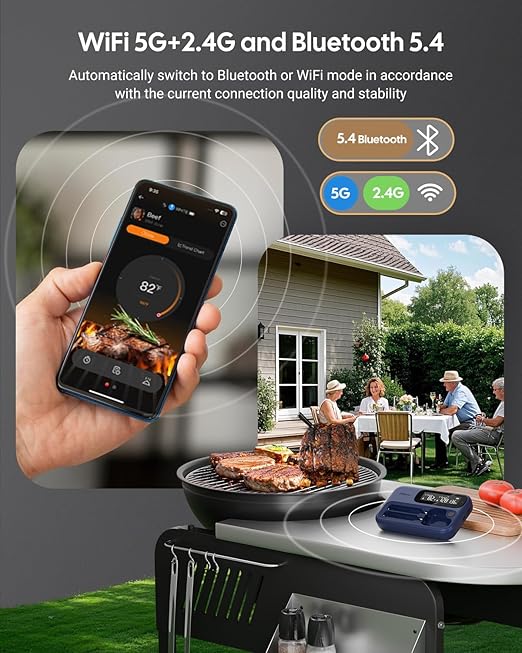 Wireless Meat Thermometer Dual Probes for Smoker, Fitflavor 5G WiFi Meat Thermometer Bluetooth for Grill BBQ, Smart Meat Probe for Food Cook Oven Grilling Rechargeable
