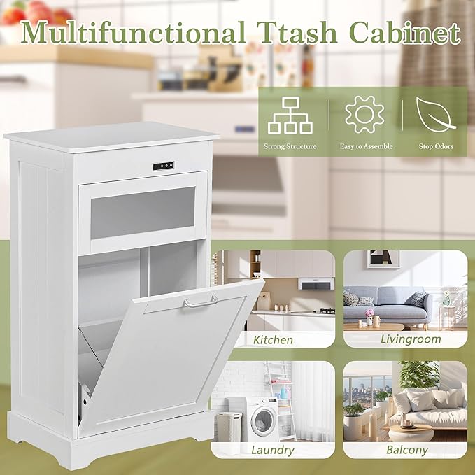 VECELO Tilt Out Trash Can Cabinet, Dog Proof Recycling Garbage Bin with Negative Ion and Deodorizing Function, Spacious Wood Top, Dual-Opening Designs, for Kitchen/Bedroom/Laundry, White