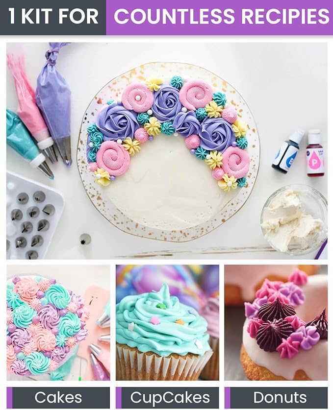 RFAQK 74 PCs Icing Piping Bags and Tips Set, Cake Decorating Kit with 48-Numbered Piping Tips, 20+1 Pastry Bags for Cookie Cupcake Cake Decoration, with Booklet and E-book (Purple)