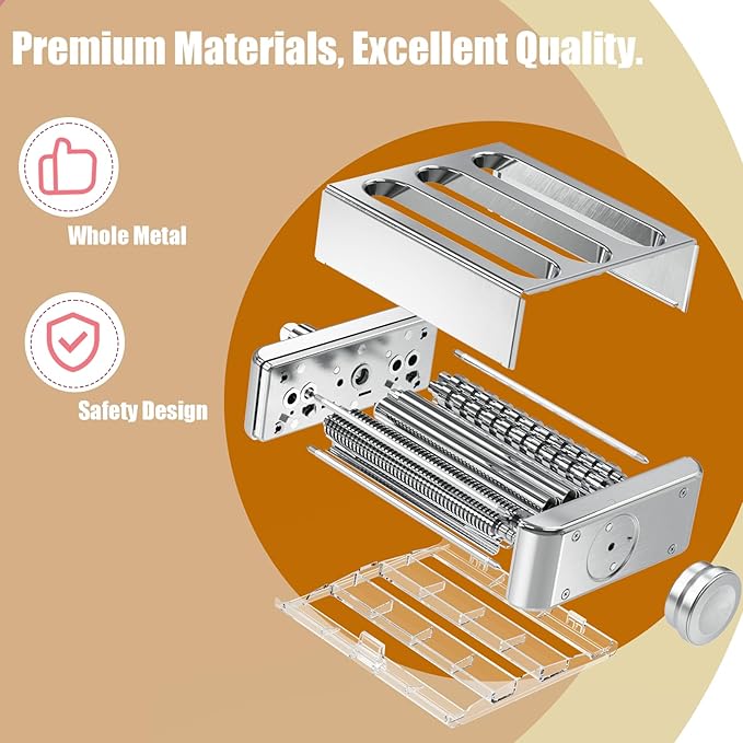 Pasta Maker Attachment for KitchenAid Stand Mixer – Stainless Steel Pasta Roller, Fettuccine & Linguine Rollers, Adjustable Thickness for Fresh Homemade Pasta