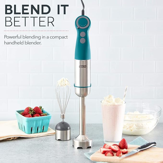 Dash Chef Series Immersion Hand Blender, 5 Speed Stick Blender with Stainless Steel Blades, Whisk Attachment and Recipe Guide – Teal